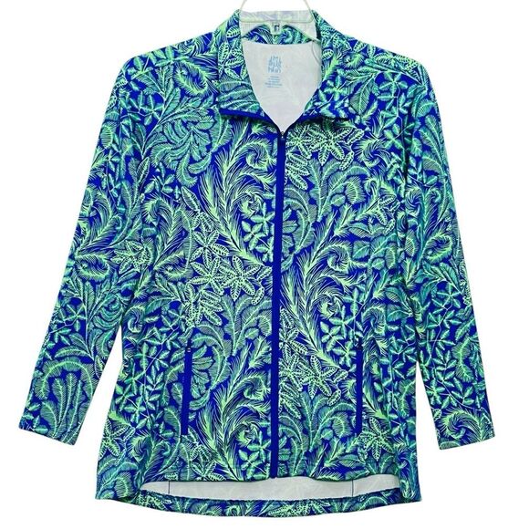 J McLaughlin Track Jacket Zip/Pocket Blue Green Tropical floral Full Zip L NWOT